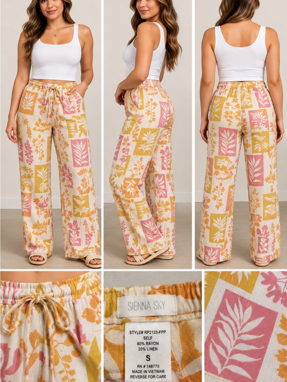 Sienna Sky Floral Patchwork Wide-Leg Pants in Pink & Yellow